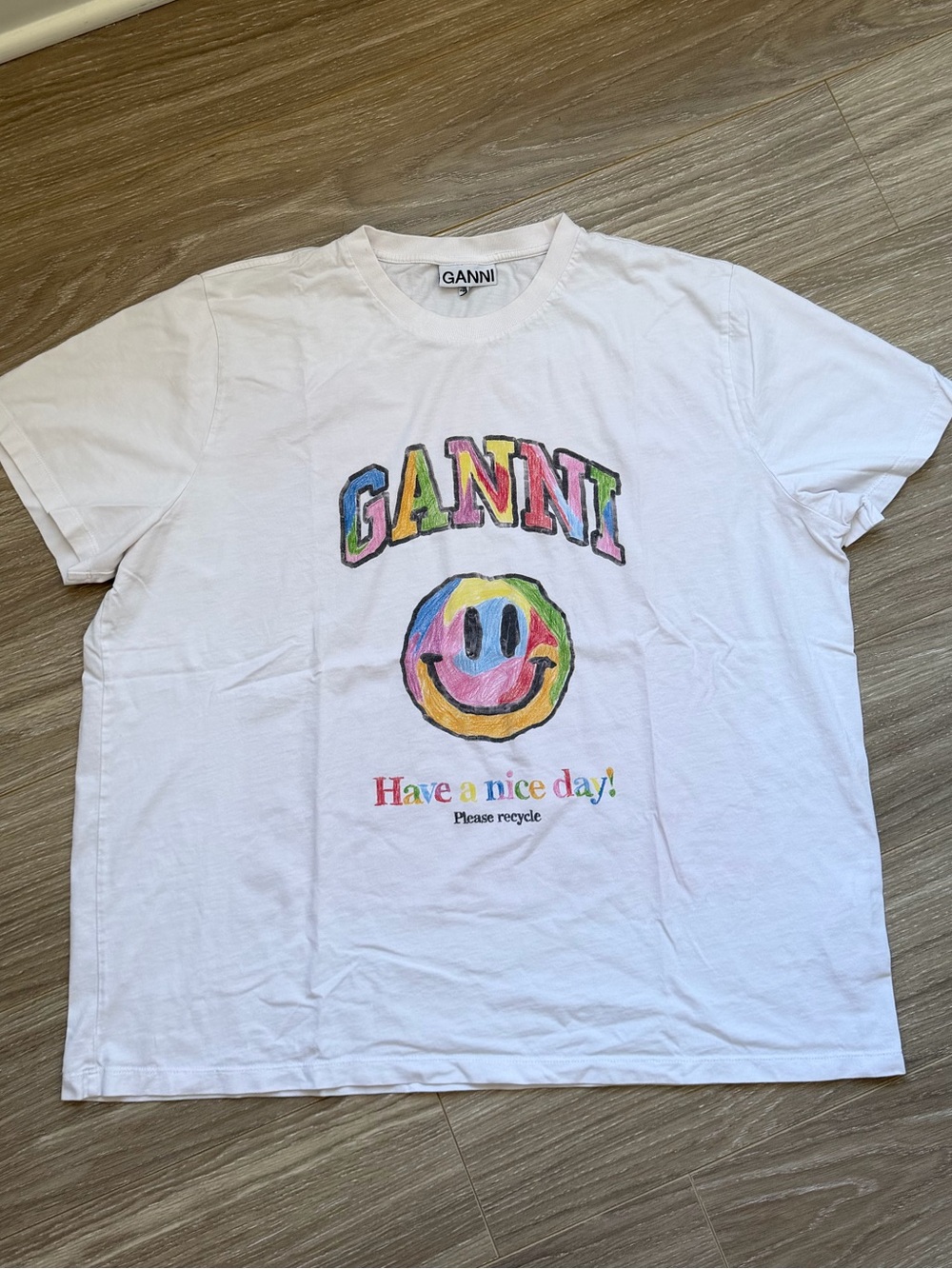 GANNI Rainbow Smiley 100% Cotton White Tshirt Sz XL EUC